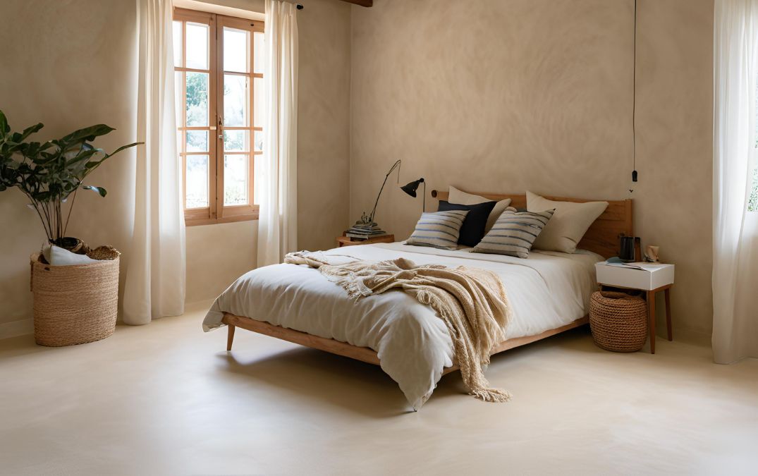 Polished cement flooring which has a cream stain effect.