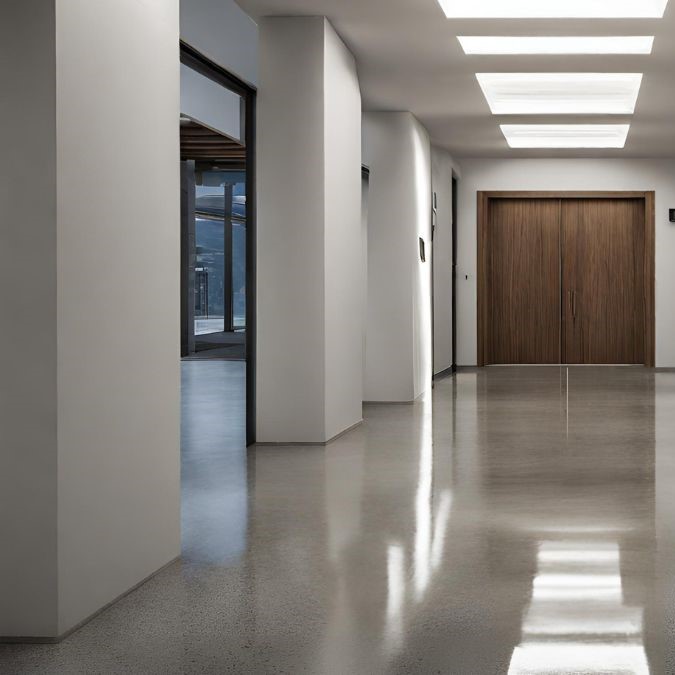 Polished concrete hallway floor for an office building.